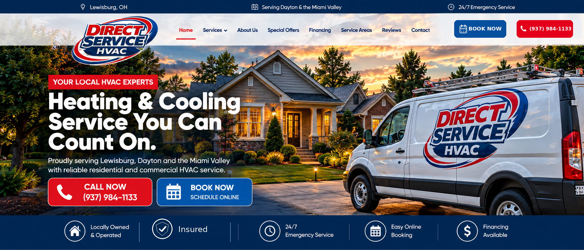 Direct Service HVAC website hero with service van and house