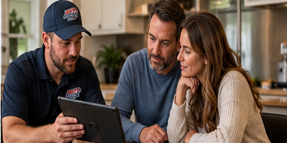 HVAC sales technician reviewing heating and cooling options with homeowners using a tablet
